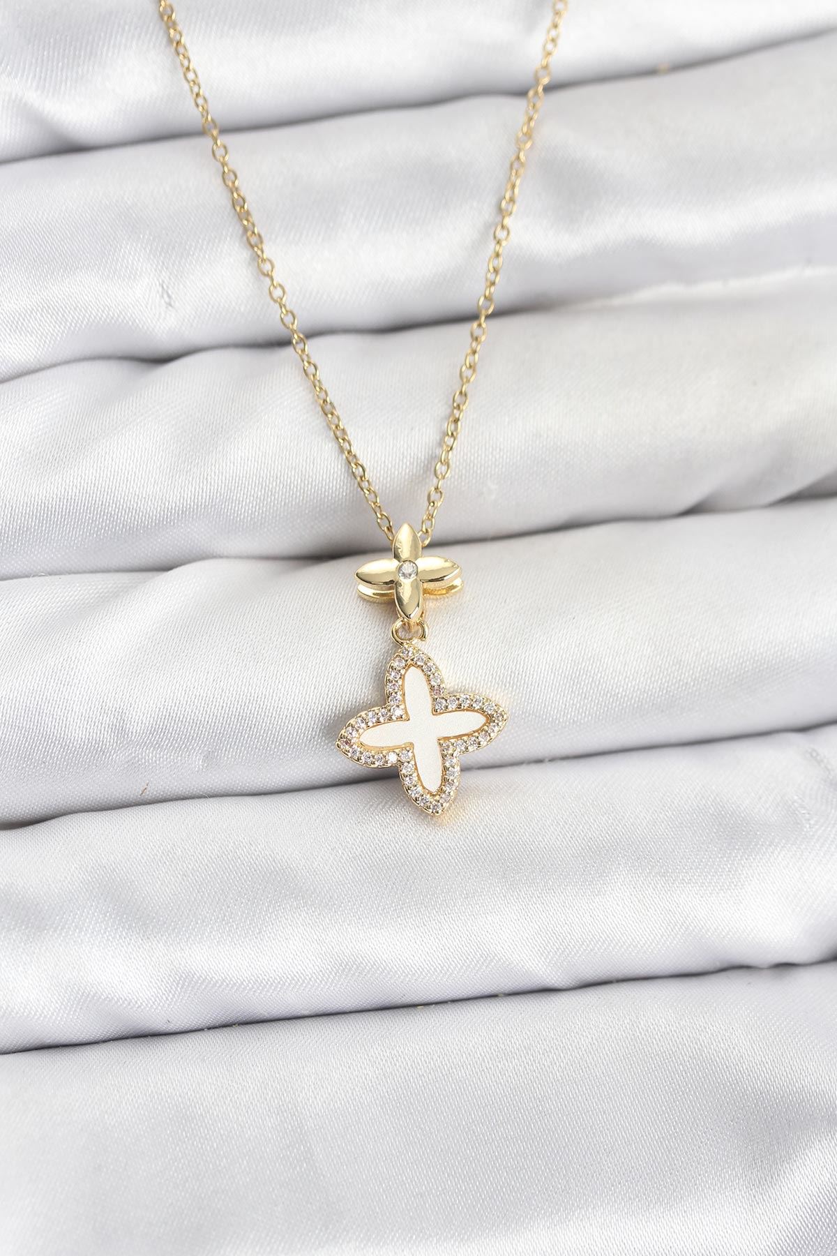 YRTCL 316L Çelik Zincir Gold Renk 4 Yapraklı Yonca Model Zirkon Taşlı Kadın Kolye