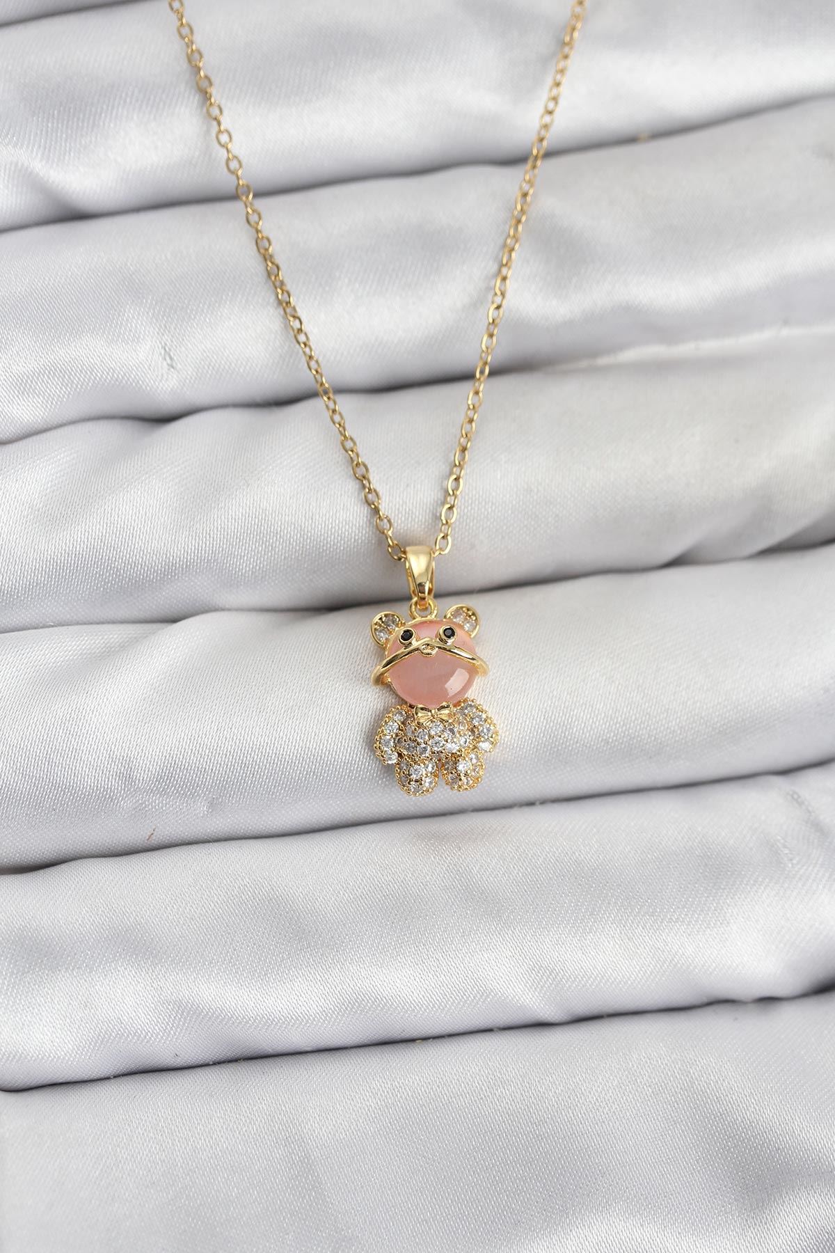 YRTCL 316L Çelik Zincir Gold Renk Teddy Bear Model Zirkon Taşlı Kadın Kolye