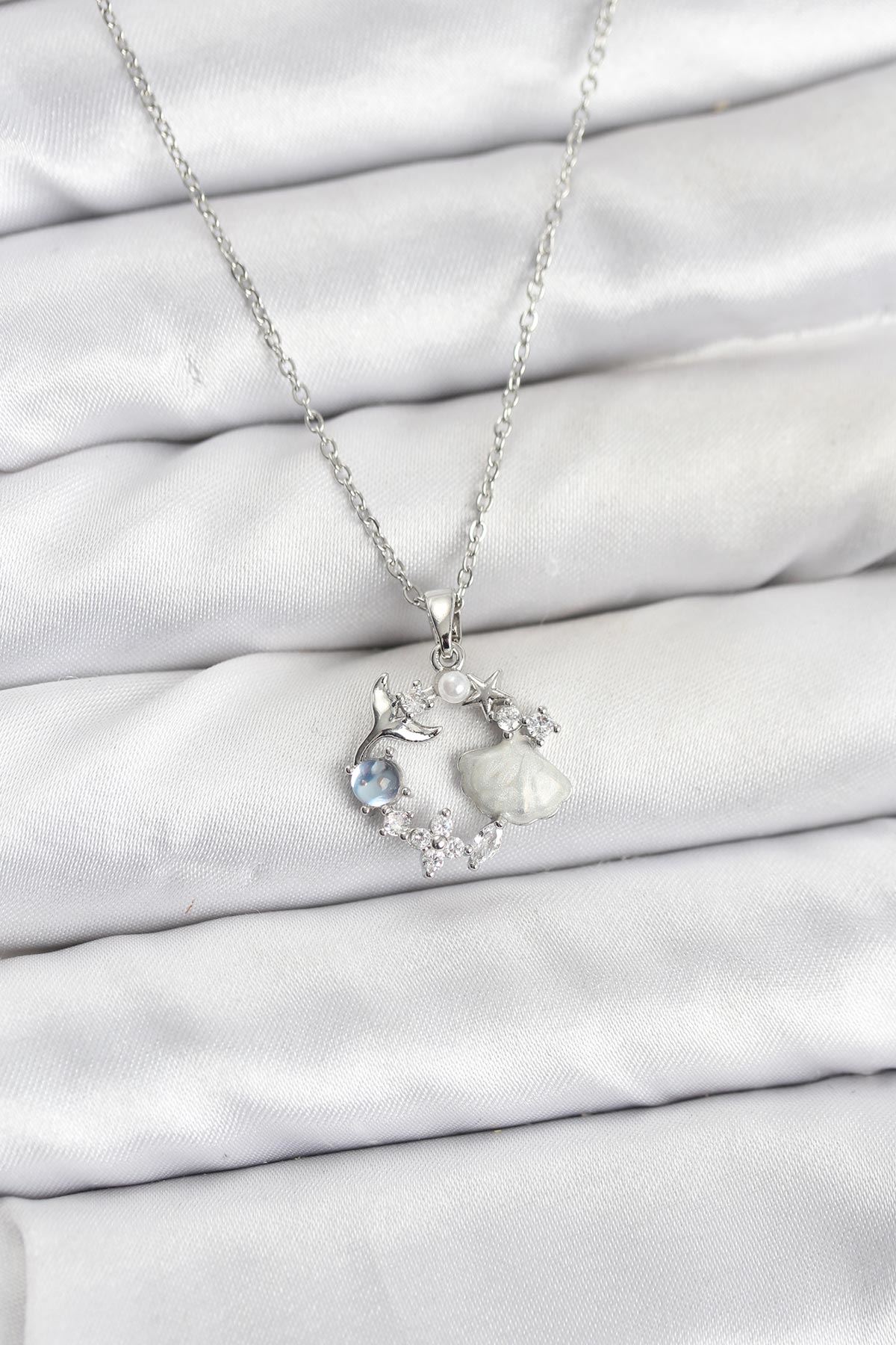 YRTCL 316L Çelik Zincir Gümüş Renk Deniz Tema Model Zirkon Taşlı Kadın Kolye