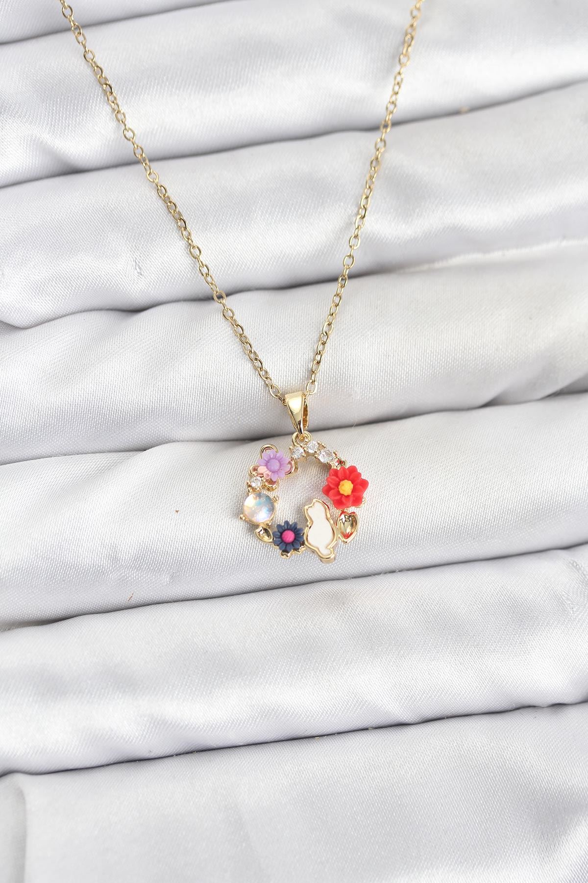 YRTCL 316L Çelik Zincir Gold Renk Çiçekli Kedili Model Kadın Kolye
