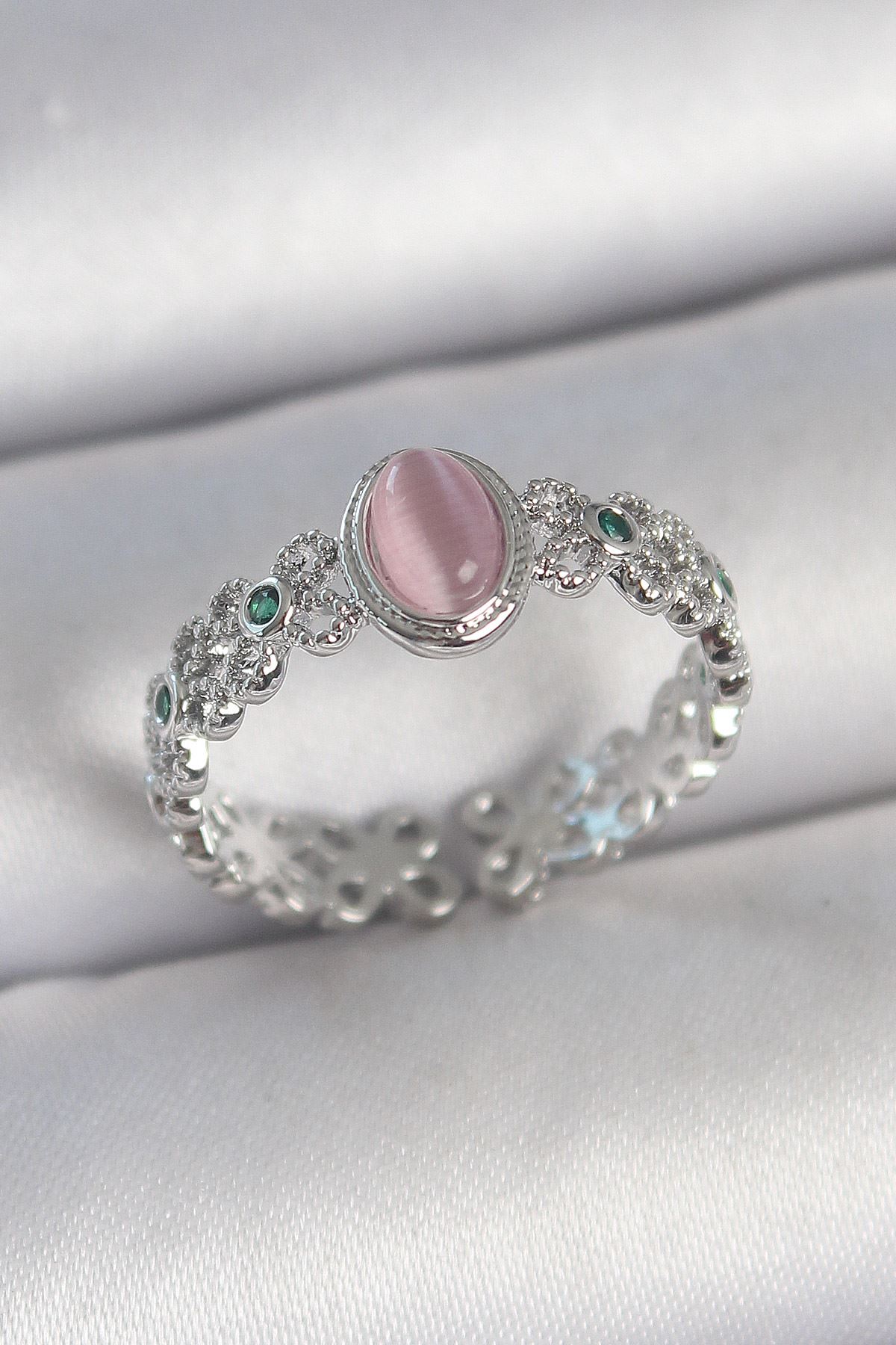 YRTCL Pirinç Gümüş Renk Zirkon Taş Detaylı Pembe Mineli Damla Model Ayarlanabilir Kadın Yüzük