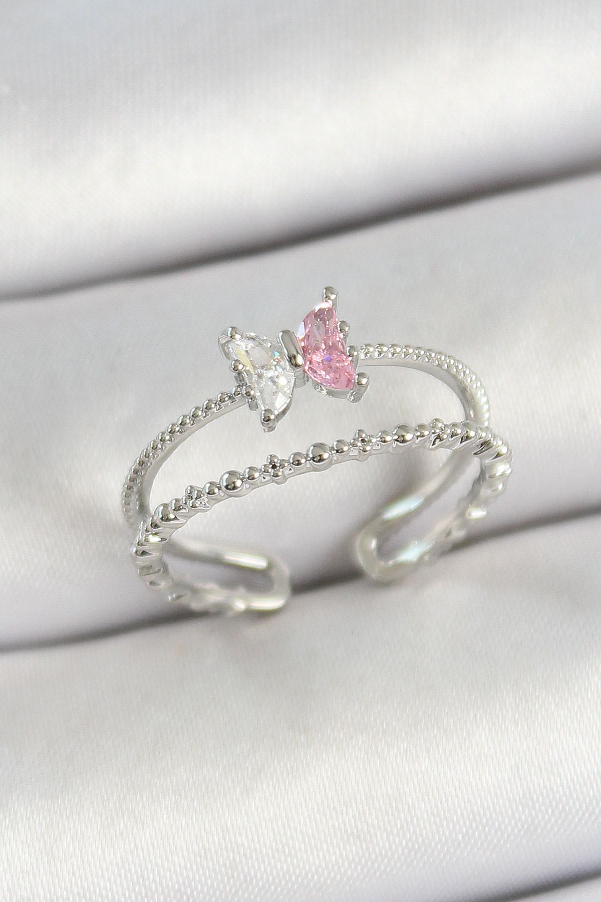 YRTCL Pirinç Kelebek Figürlü Zirkon Taşlı Gümüş Renk Ayarlanabilir Kadın Yüzük