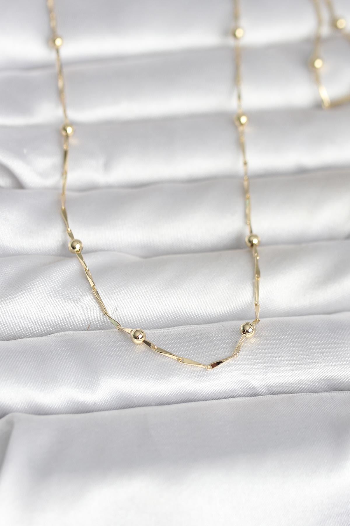 YRTCL CM 14K Gold Renk Kesme Çubuk Zincir Topçuklu Model 60 cm Kadın Kolye