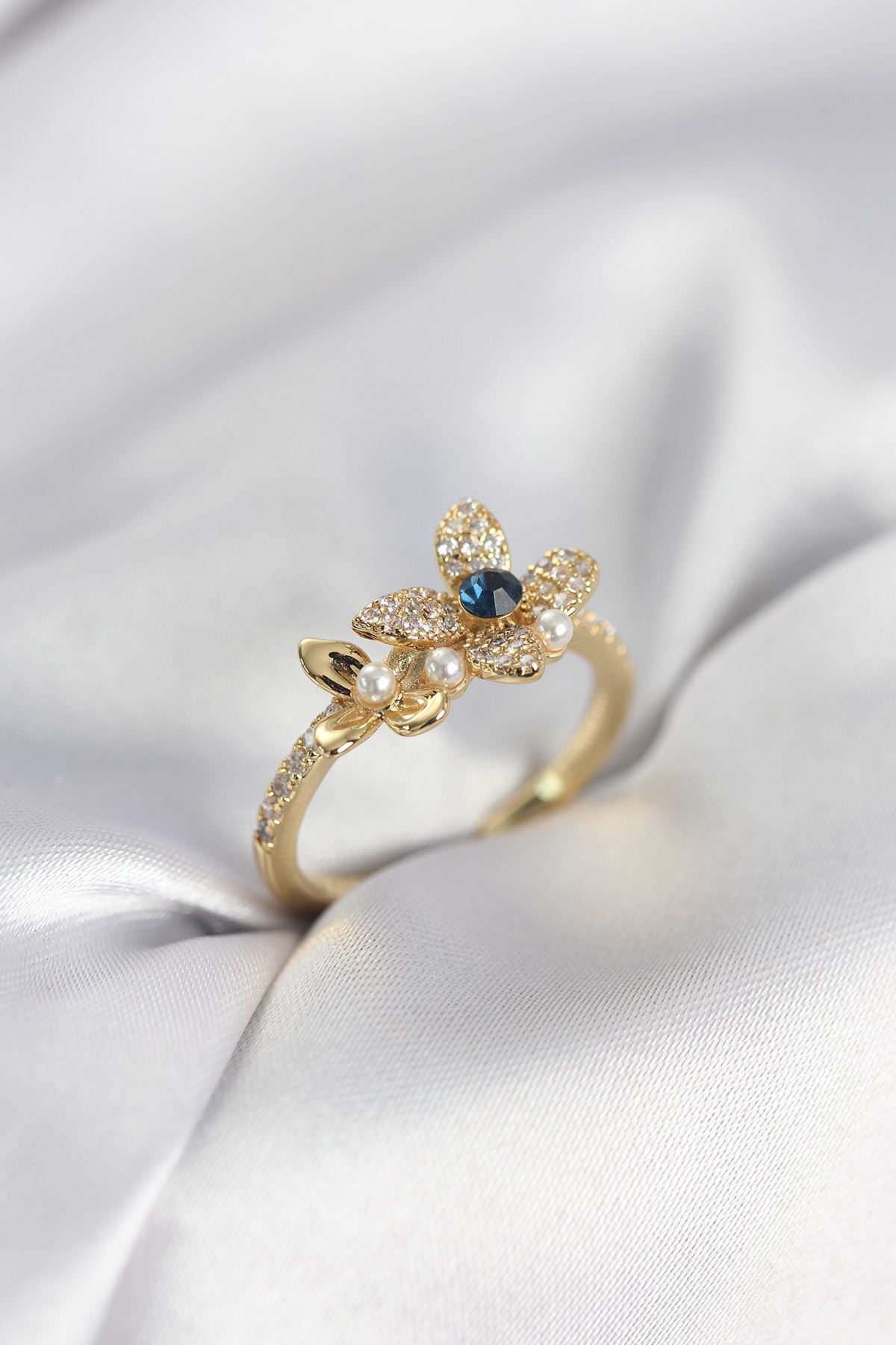 YRTCL Gold Renk Çiçek Model Zirkon Taşlı Kadın Yüzük