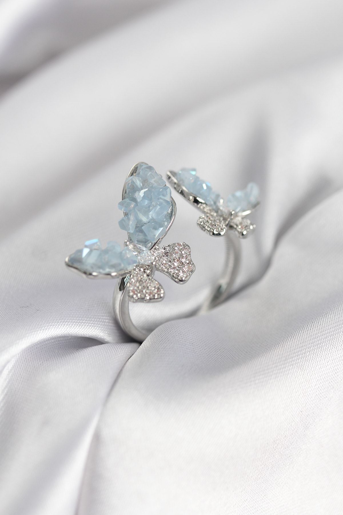 YRTCL Gümüş Renk Mavi Kelebek Model Zirkon Taşlı Kadın Yüzük