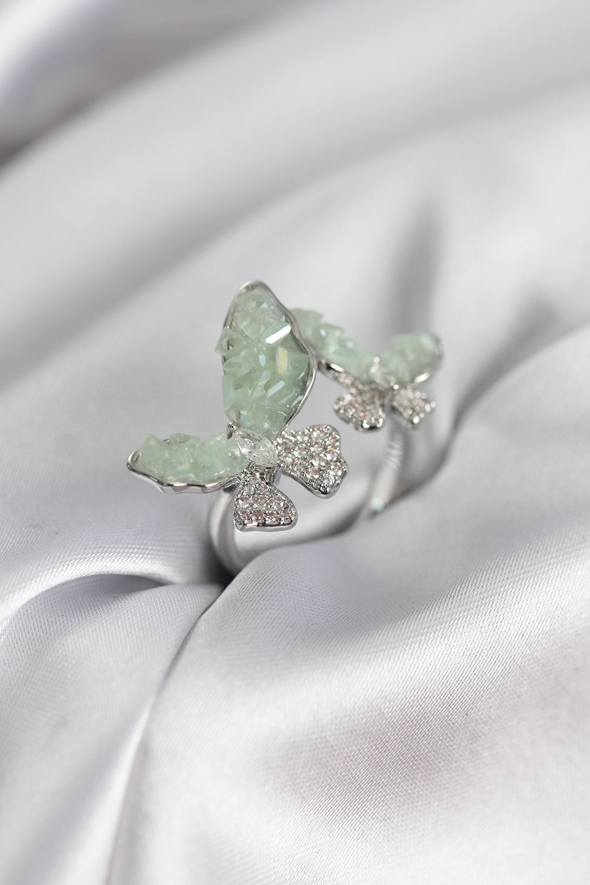 YRTCL Gümüş Renk Su Yeşili Kelebek Model Zirkon Taşlı Kadın Yüzük