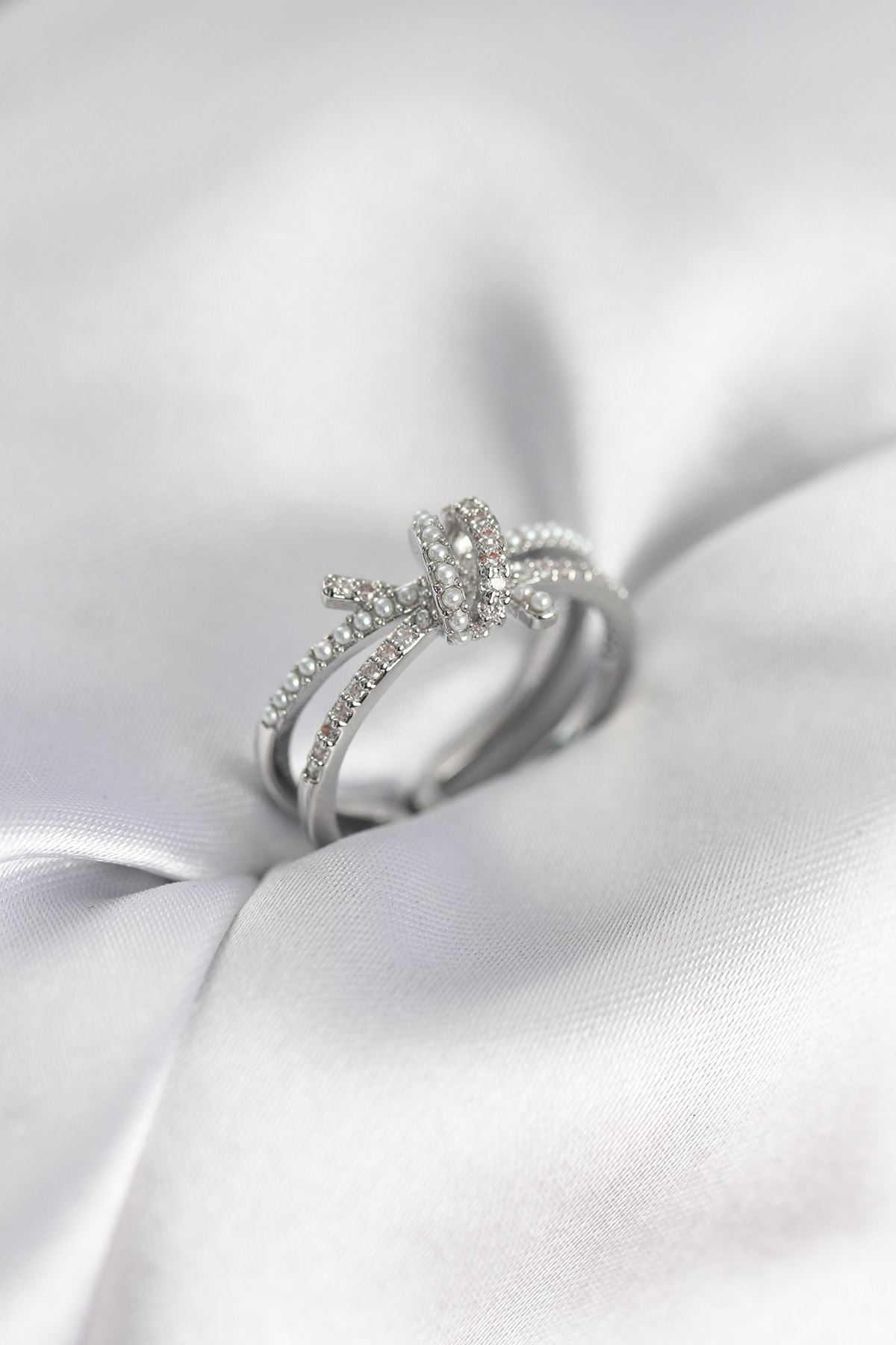 YRTCL Gümüş Renk İncili Zirkon Taşlı Düğüm Kadın Yüzük