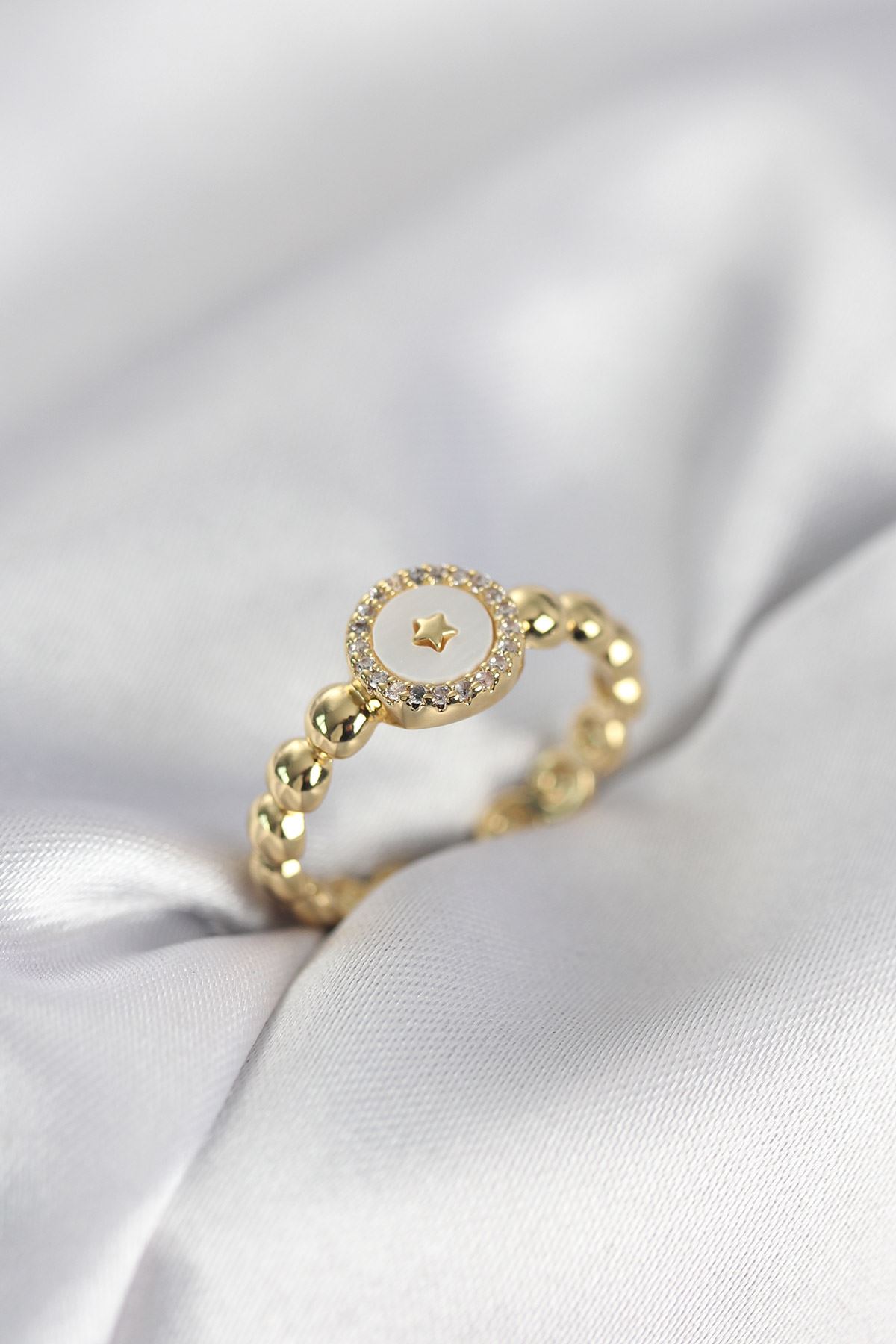 YRTCL Gold Renk Sedefli Yıldız Model Zirkon Taşlı Kadın Yüzük