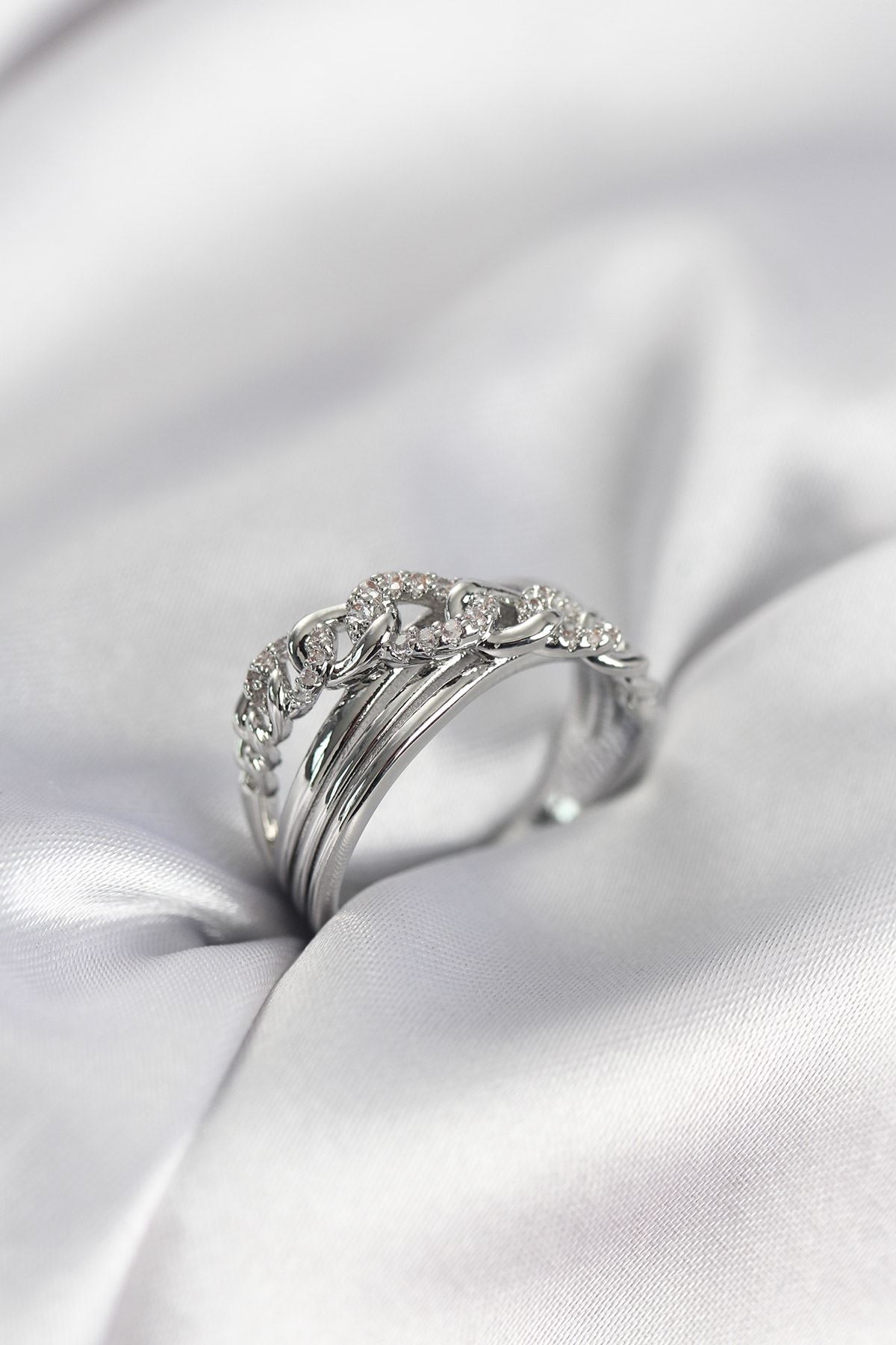 YRTCL Gümüş Renk Zirkon Taşlı Zincir Model Kadın Yüzük