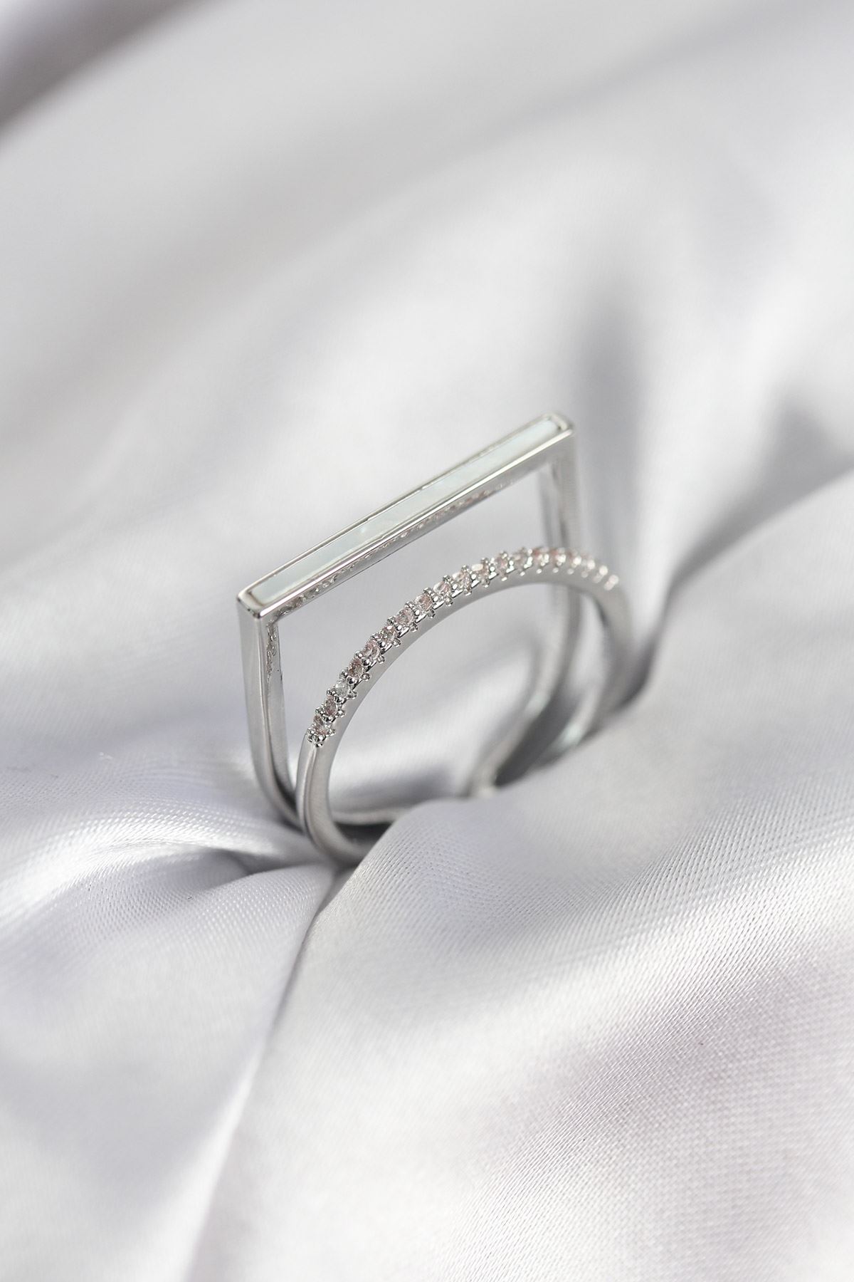 YRTCL Gümüş Renk Sedefli Zirkon Taşlı 2'li Kadın Yüzük