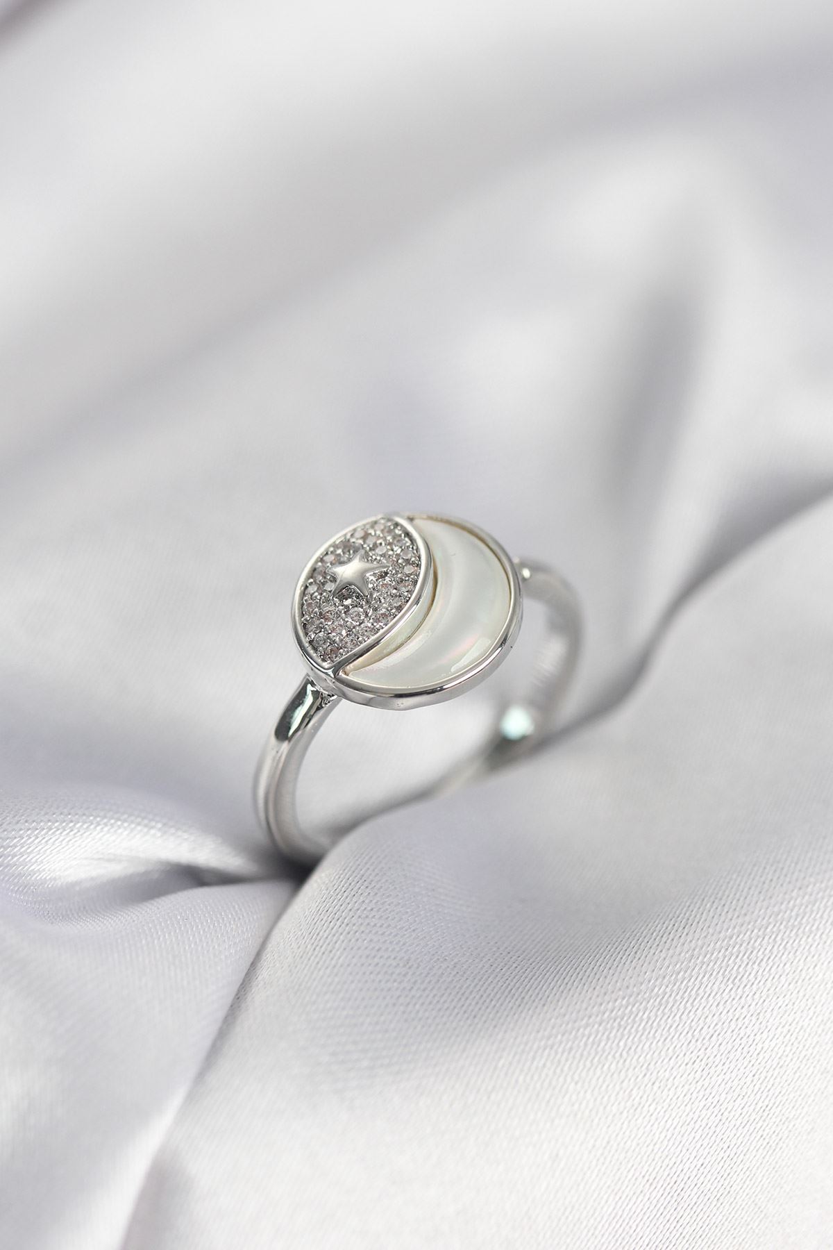 YRTCL Ay Yıldız Model Gümüş Renk Zirkon Taşlı Kadın Yüzük