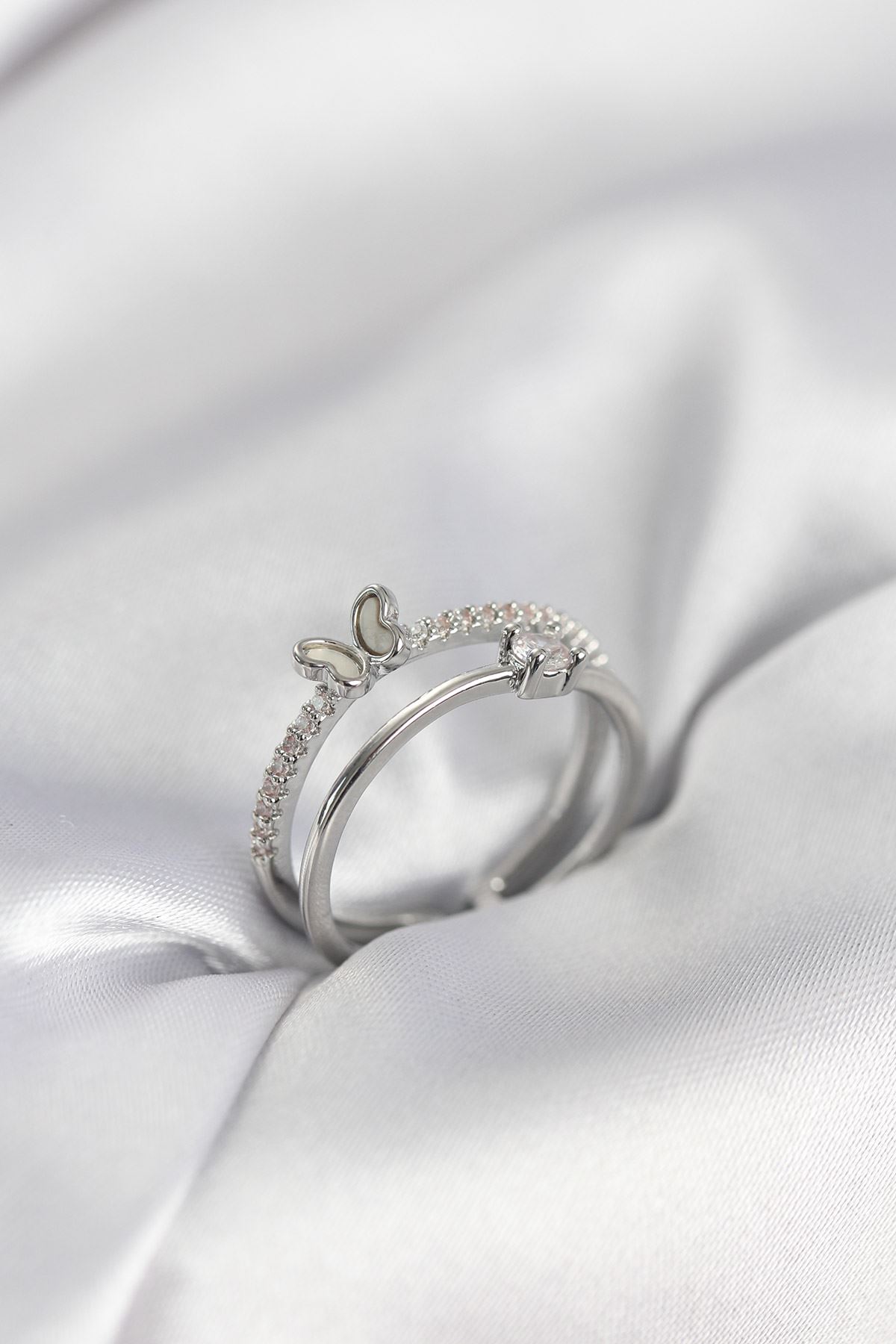 YRTCL Gümüş Renk 2'li Zirkon Taşlı Kelebek Model Kadın Yüzük