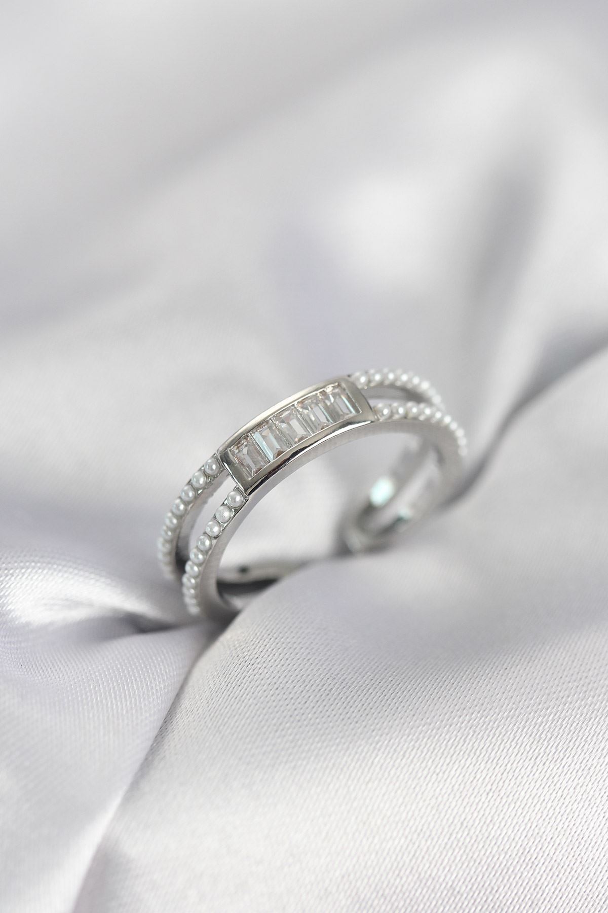 YRTCL Baget Zirkon Taşlı Gümüş Renk İncili Kadın Yüzük