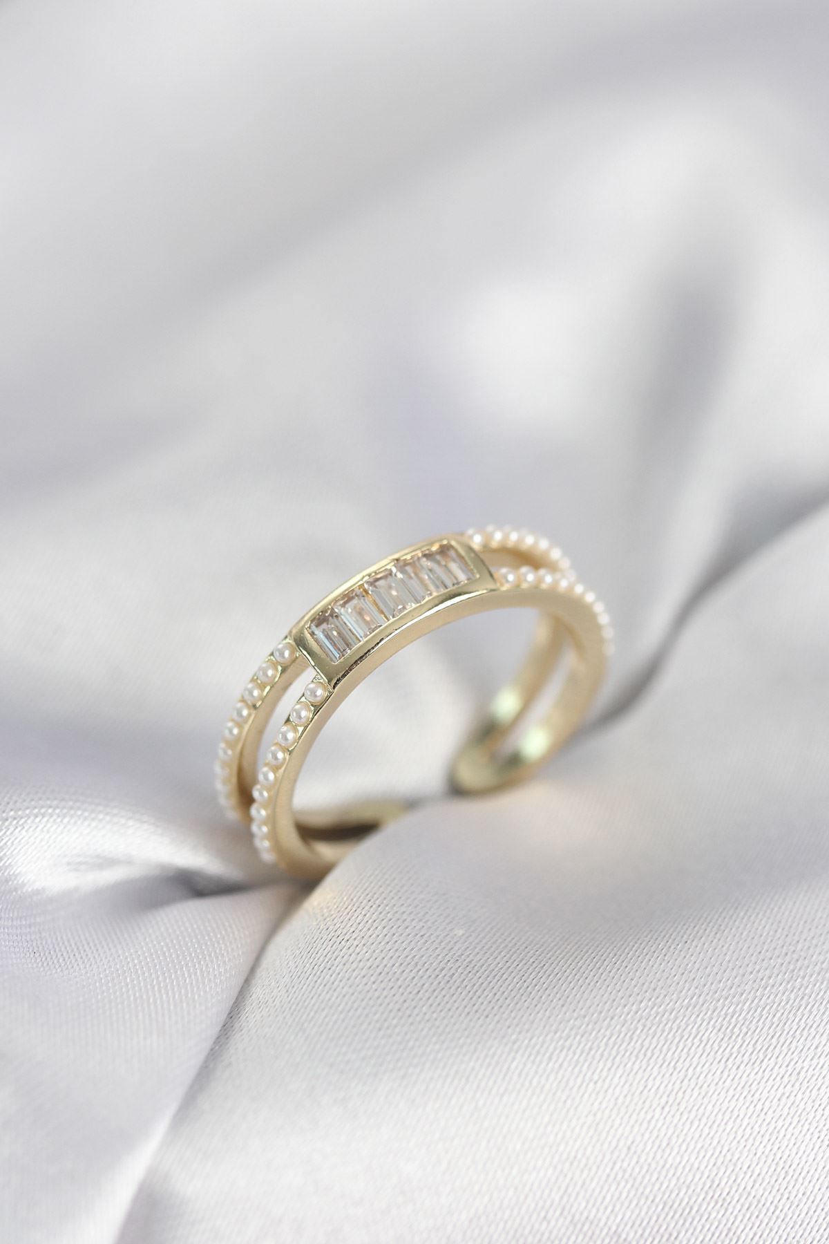 YRTCL Baget Zirkon Taşlı Gold Renk İncili Kadın Yüzük