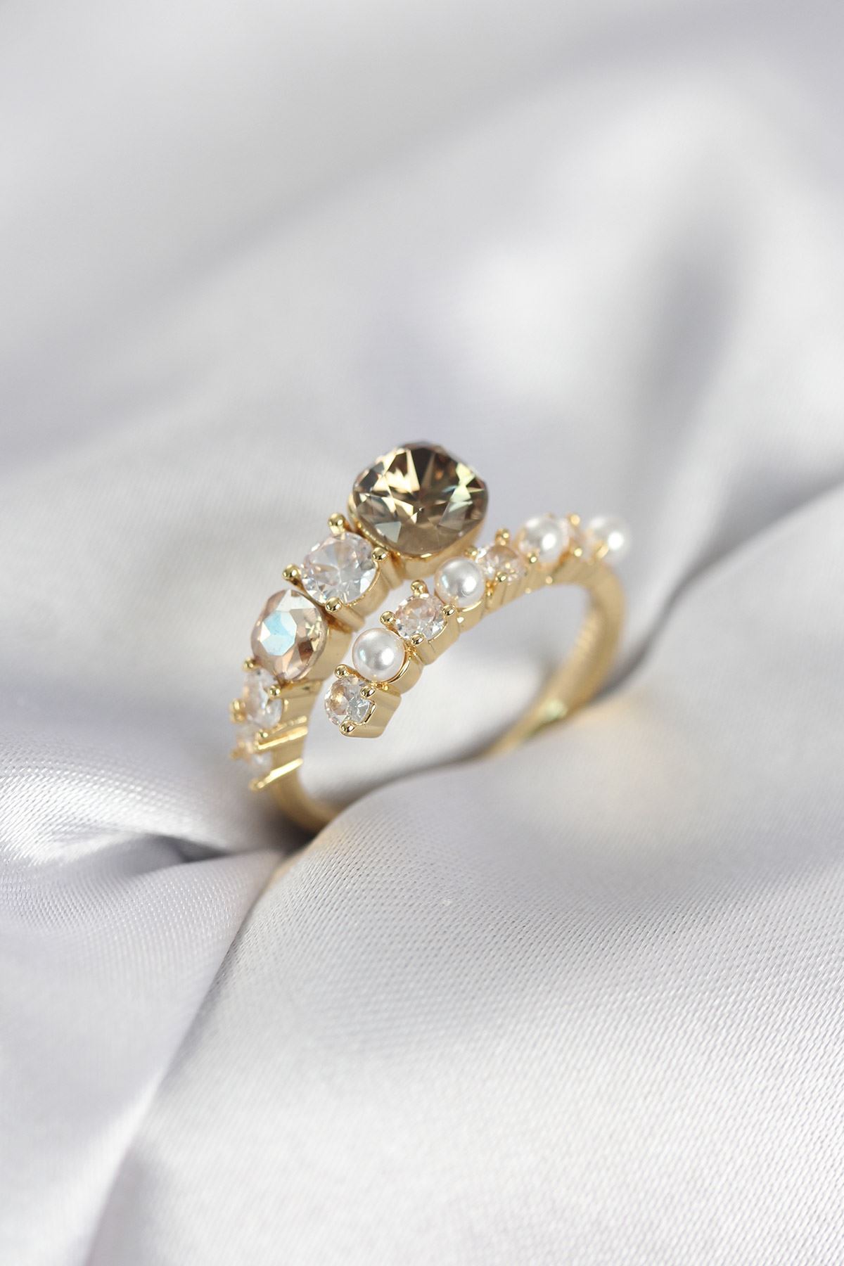 YRTCL Gold Renk Pirinç Zirkon Taşlı İncili Kadın Yüzük