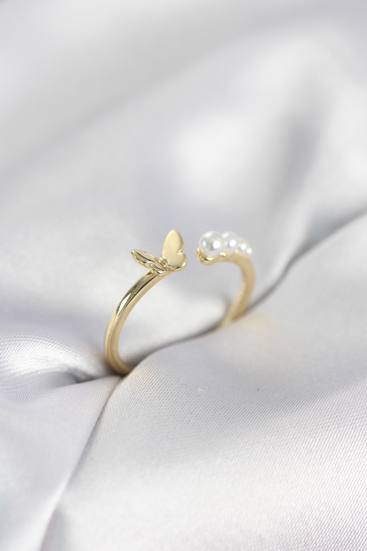 YRTCL İncili Kelebek Model Gold Renk Pirinç Kadın Yüzük