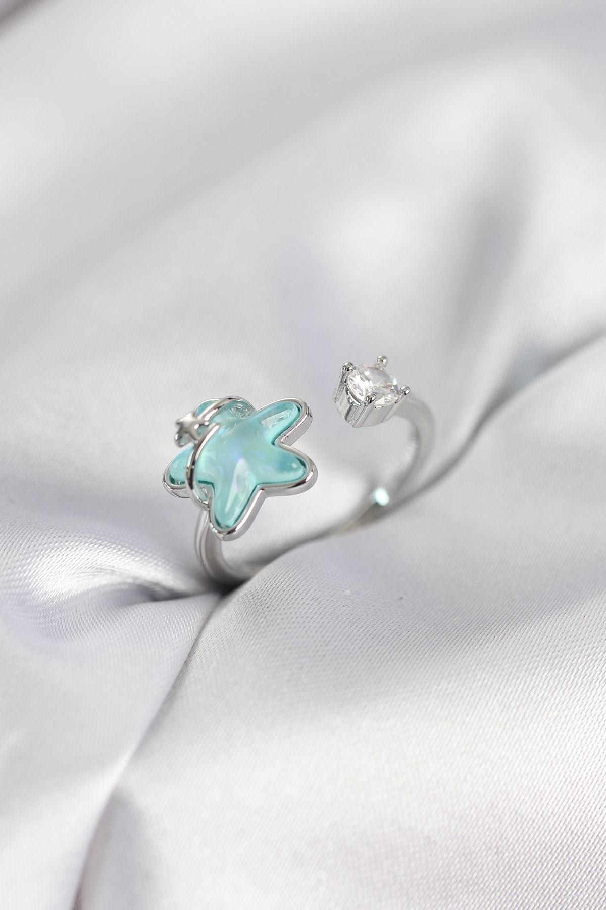 YRTCL Gümüş Renk Turkuaz Yıldız Model Kadın Yüzük