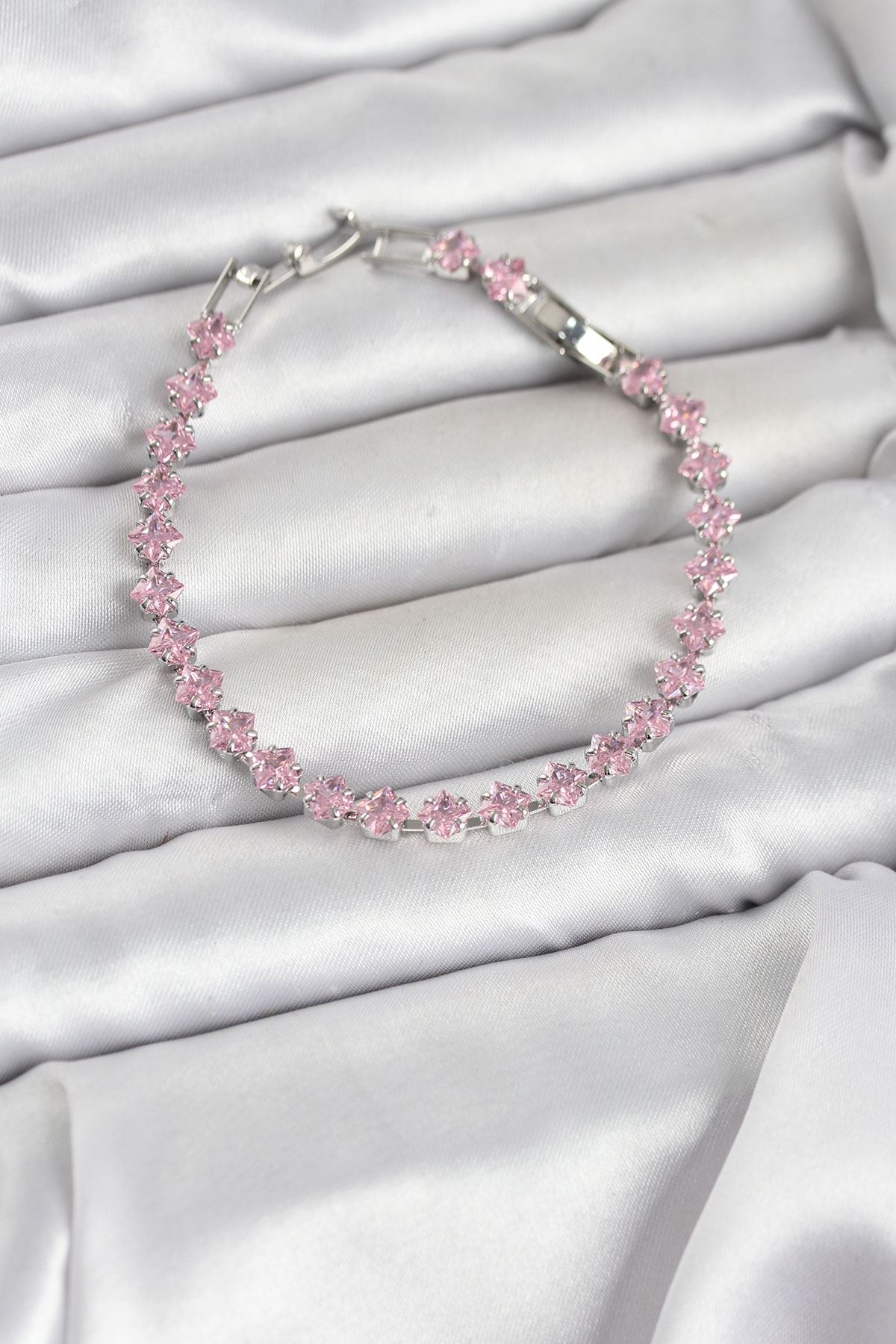 YRTCL Pembe Kare Zirkon Taşlı Gümüş Renk Pirinç Su Yolu Kadın Bileklik