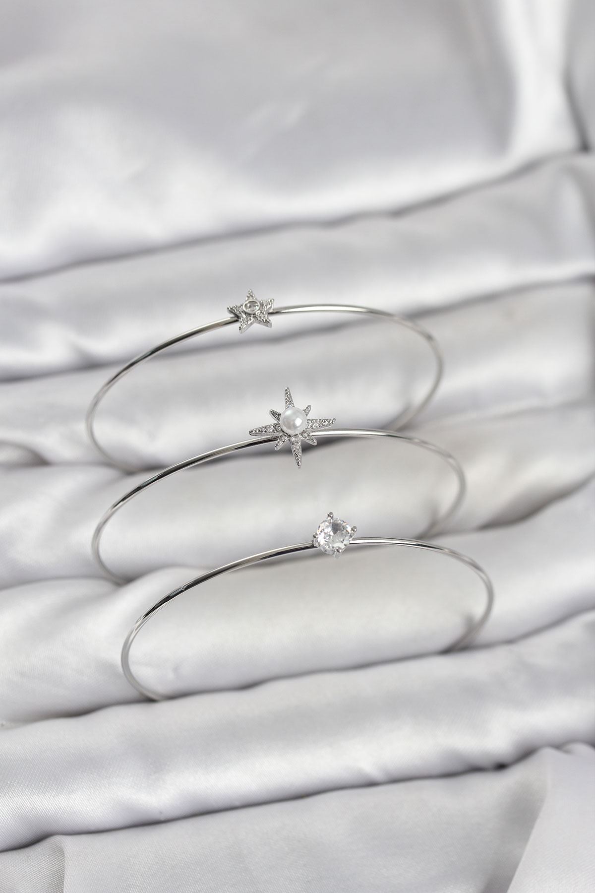 YRTCL Gümüş Renk Kutup Yıldızı Model Zirkon Taşlı 3'lü Kadın Bileklik Kombini