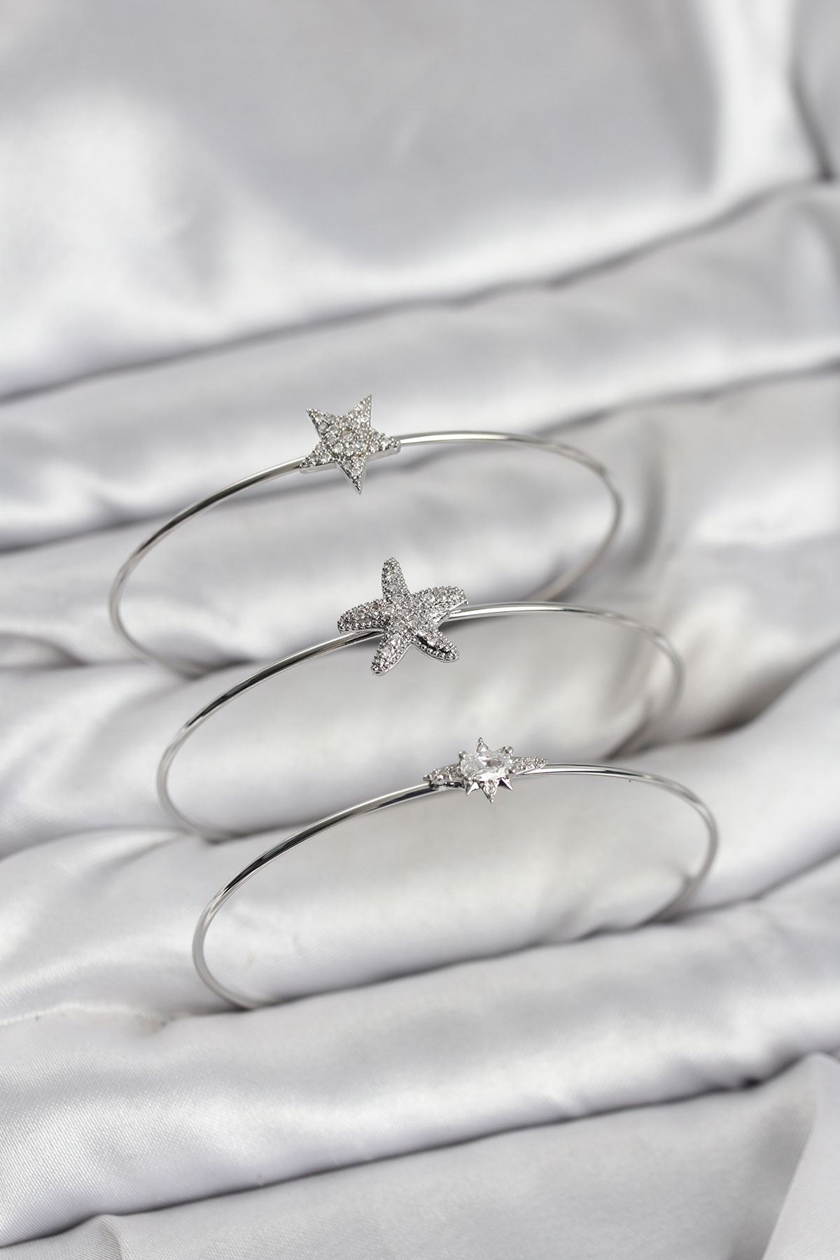 YRTCL Gümüş Renk Zirkon Taşlı Deniz Yıldızı Model 3'lü Kadın Bileklik Kombini