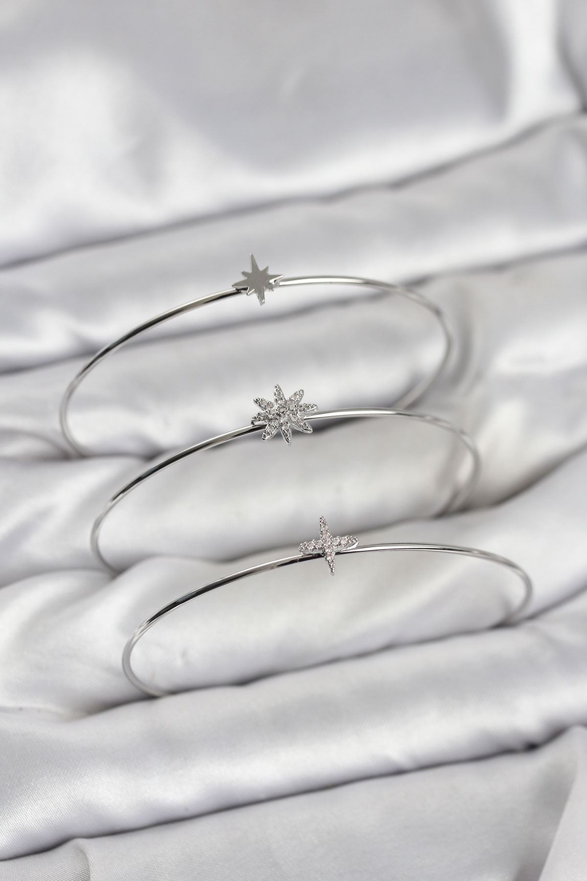 YRTCL Zirkon Taşlı Kutup Yıldızı Model Gümüş Renk 3'lü Kadın Bileklik Kombini