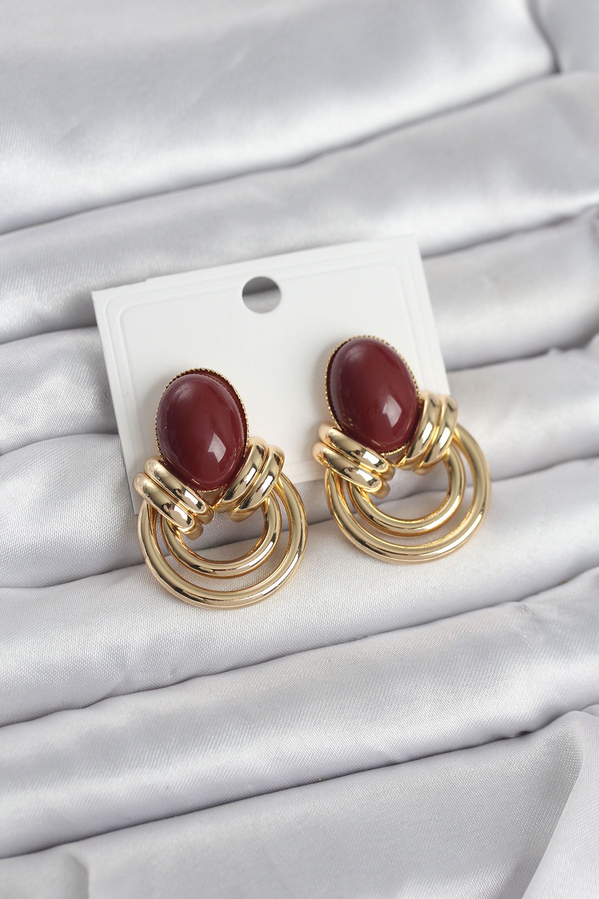 YRTCL Pirinç Gold Renk Bordo Taşlı Vintage Kadın Küpe