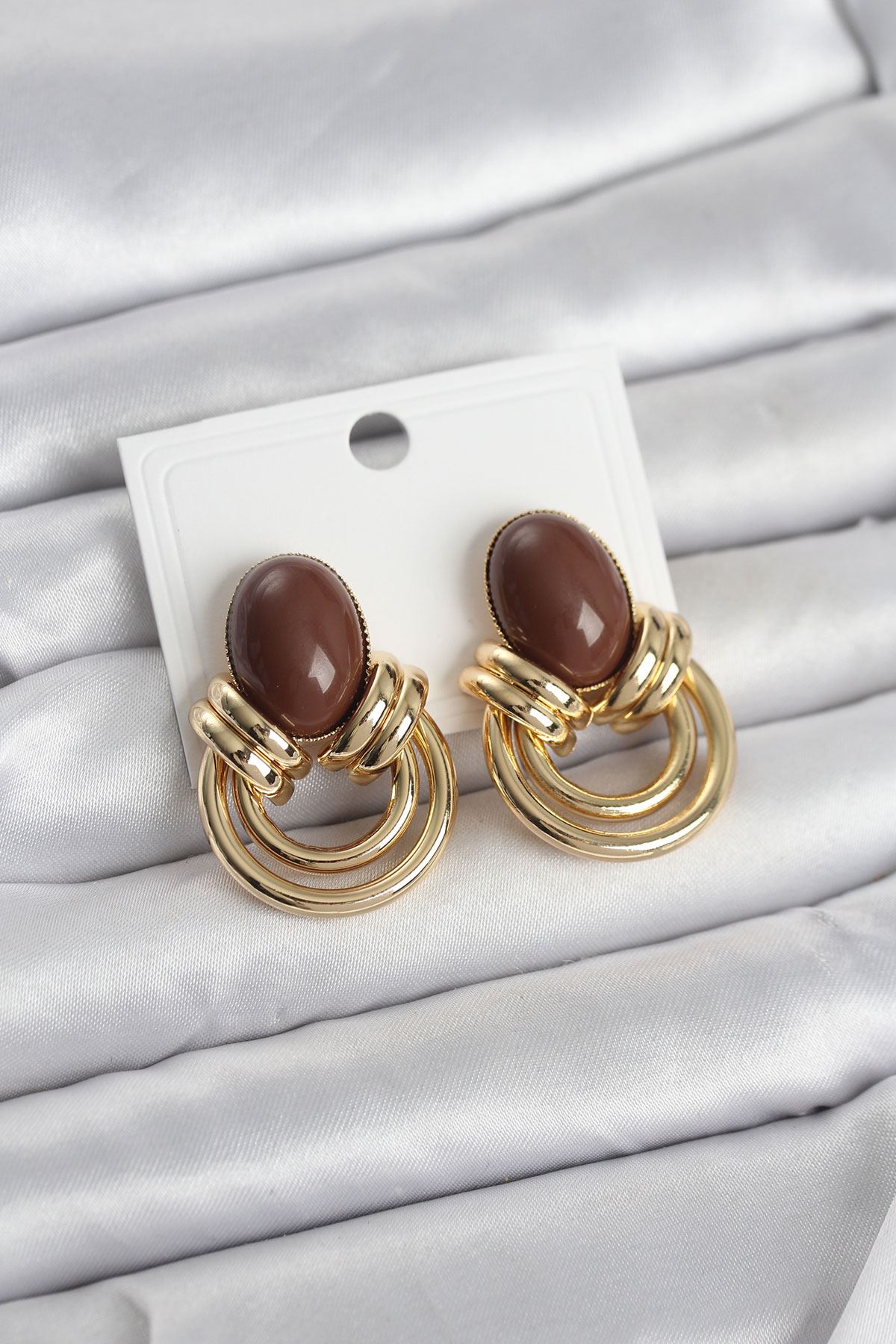 YRTCL Pirinç Gold Renk Kahverengi Taşlı Vintage Kadın Küpe