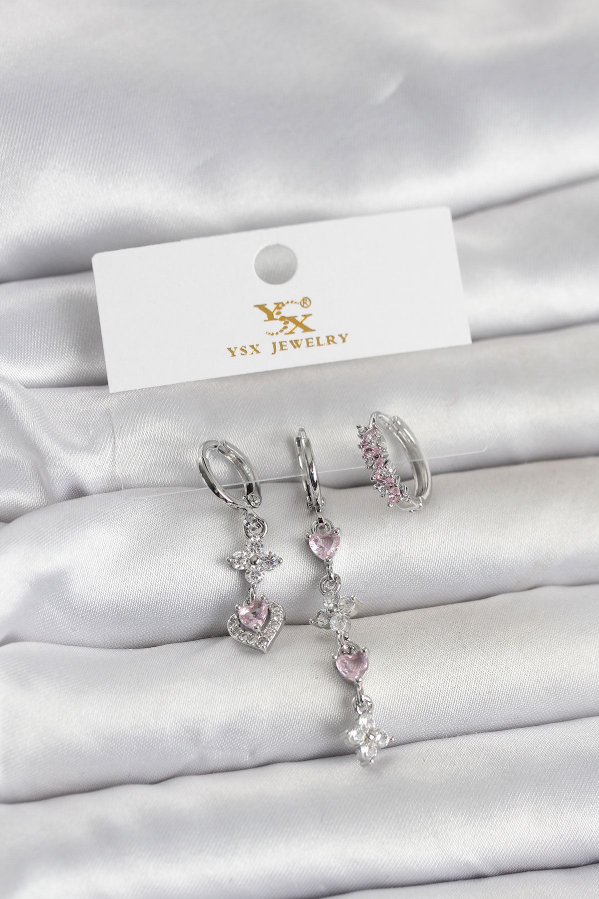 YRTCL Pirinç Gümüş Renk Pembe Zirkon Taşlı 3'lü Kadın Küpe