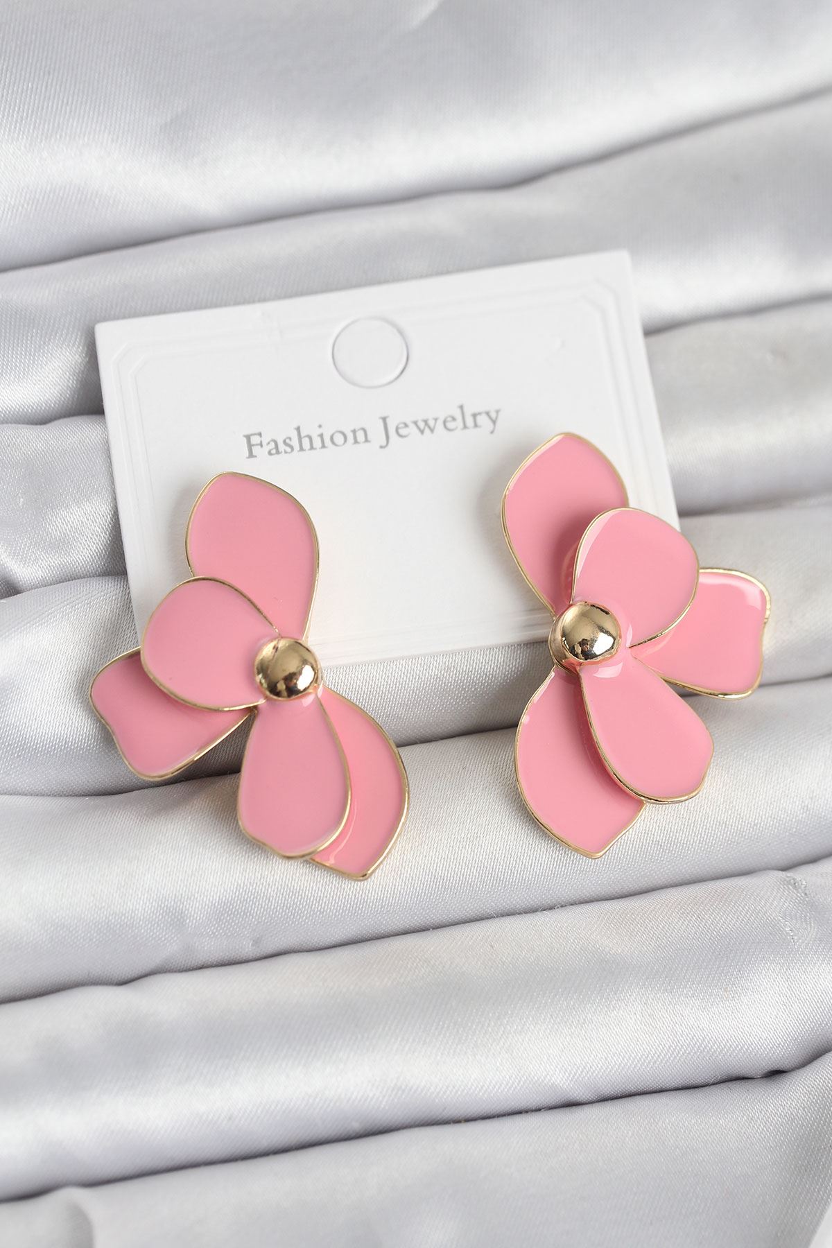 YRTCL Pembe Mineli Lotus Model Pirinç Kadın Küpe