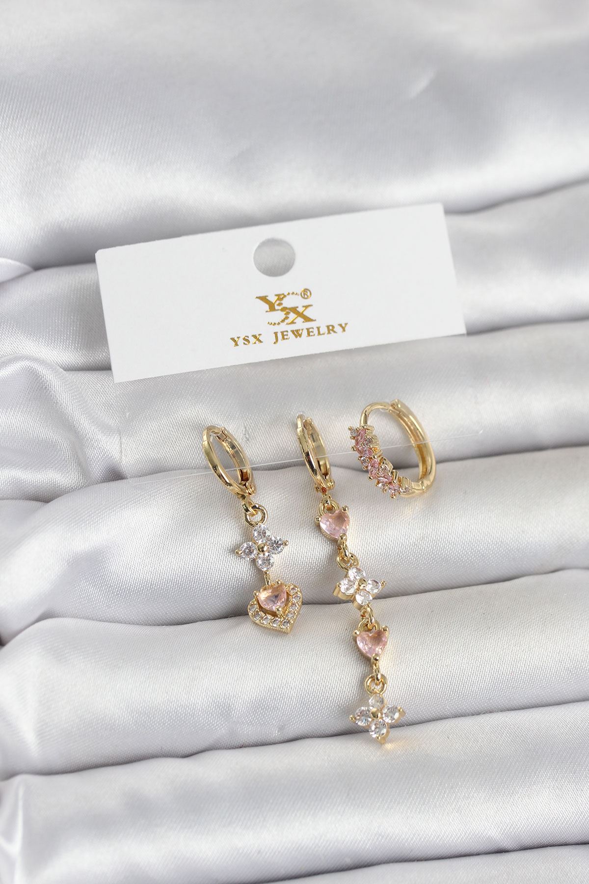 YRTCL Pirinç Gold Renk Pembe Zirkon Taşlı 3'lü Kadın Küpe
