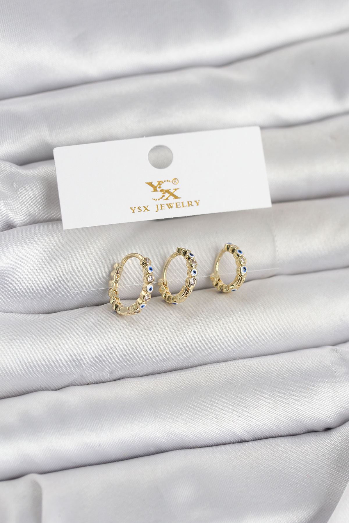 YRTCL Pirinç Gold Renk Nazarlı Model 3'lü Kadın Küpe