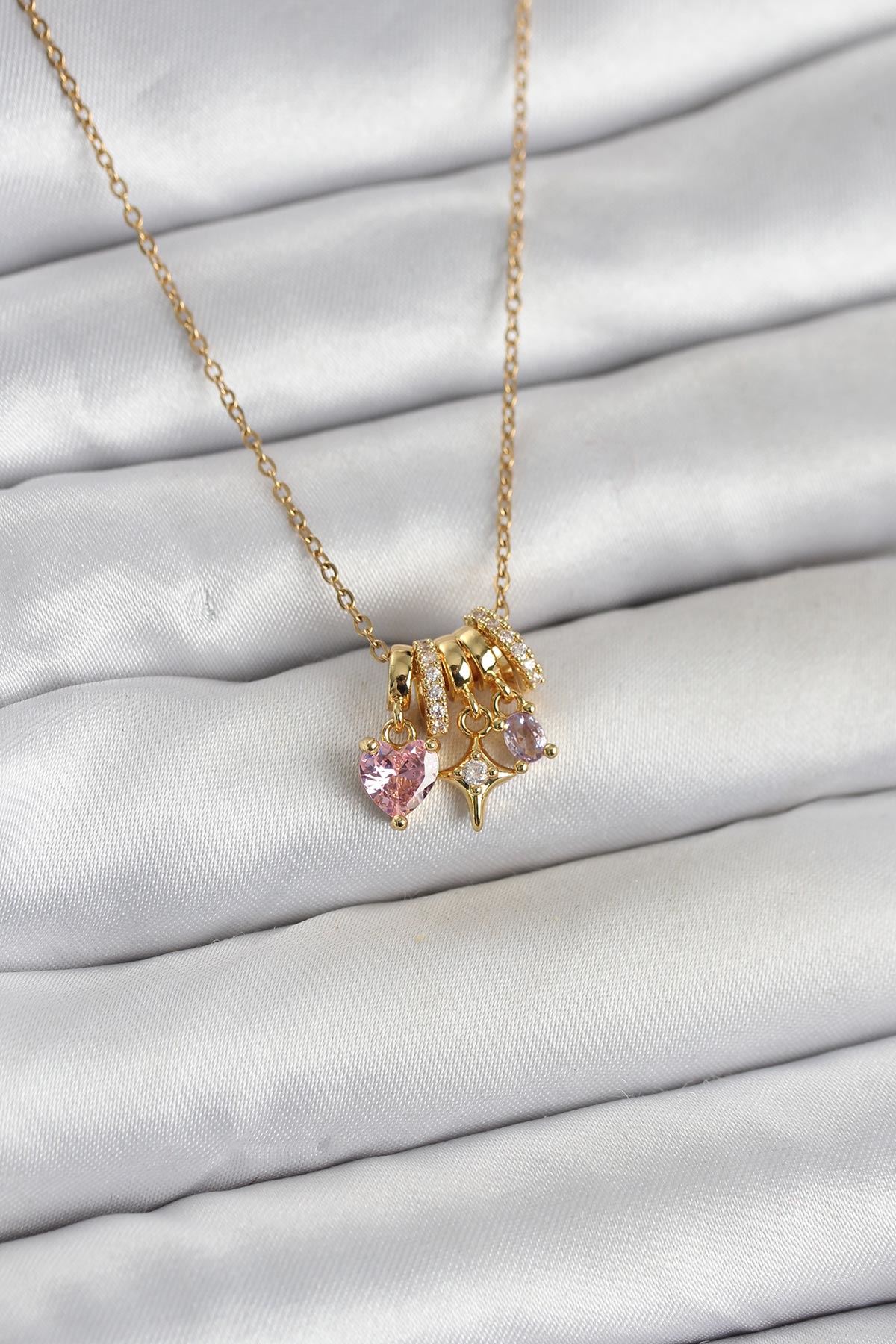 YRTCL 316L Çelik Gold Pembe Zirkon Taşlı Charmlı Kadın Kolye
