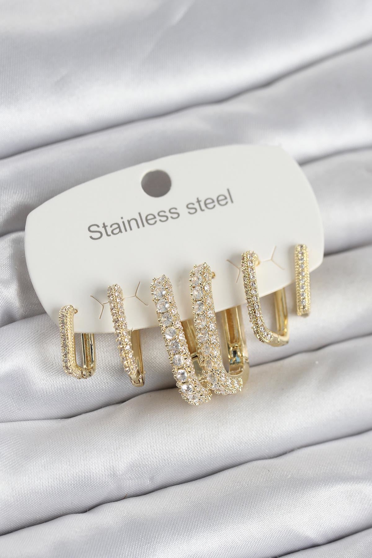 YRTCL 316L Çelik Gold Renk 6'lı Set Zirkon Taşlı Kadın Küpe