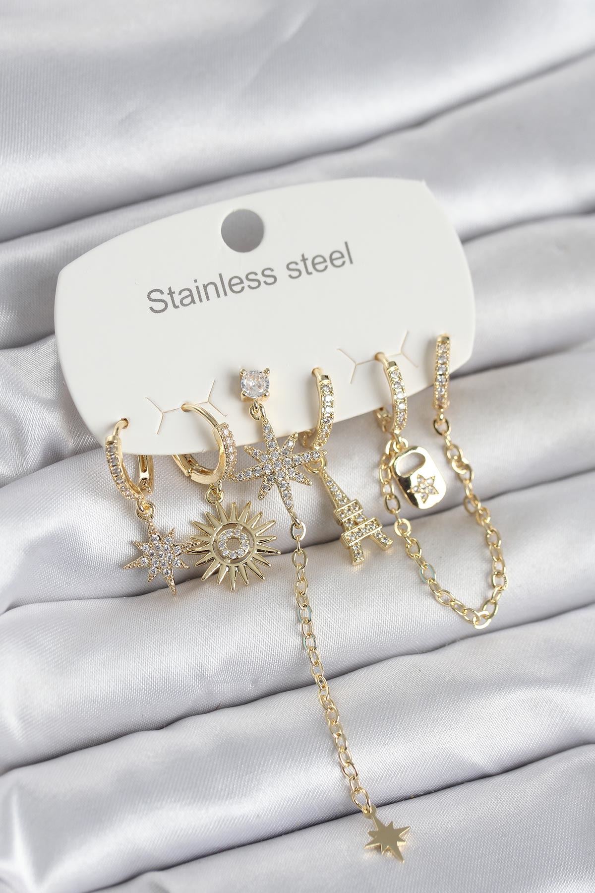 YRTCL 316L Çelik Gold Renk 6'lı Set Charmlı Kadın Küpe