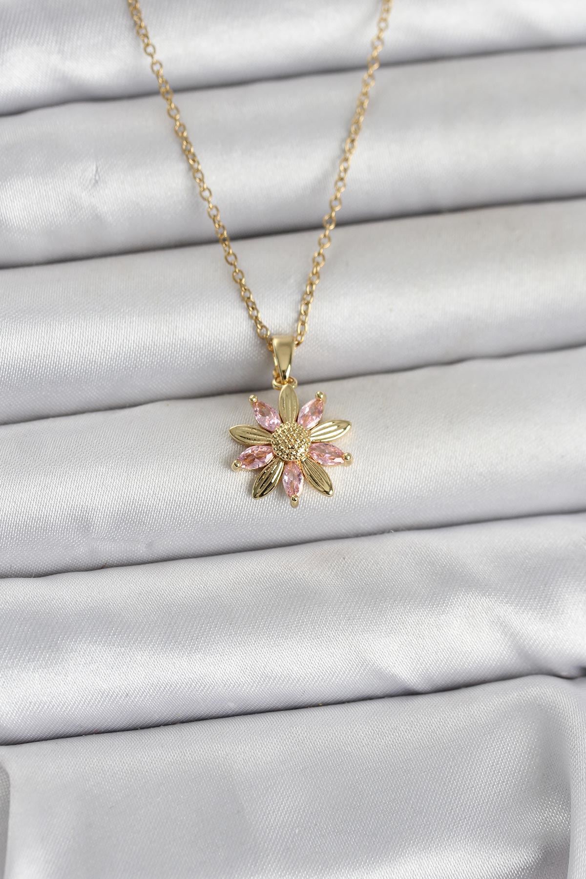 YRTCL 316L Çelik Zincir Gold Renk Pembe Papatya Model Kadın Kolye