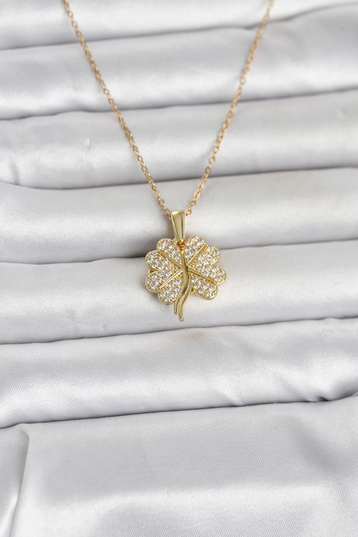 YRTCL 316L Çelik Gold Renk Açılabilir Yonca Model Zirkon Taşlı Kadın Kolye