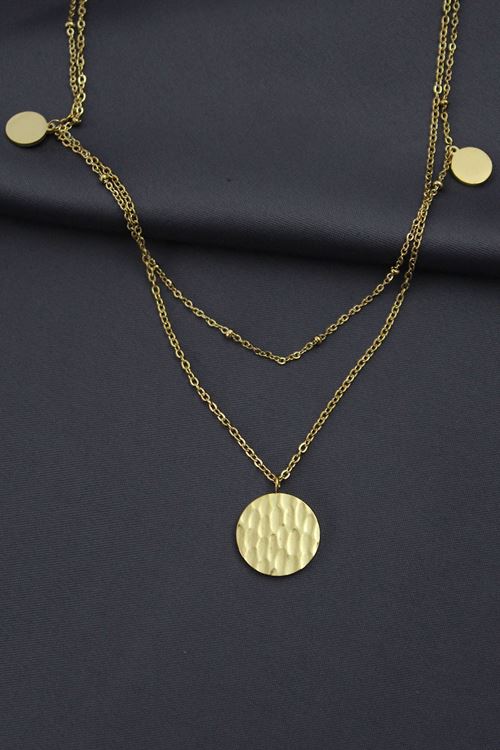 YRTCL Çelik Gold Renk Desenli Oval Model Çift Zincir Tasarımlı Kadın Kolye