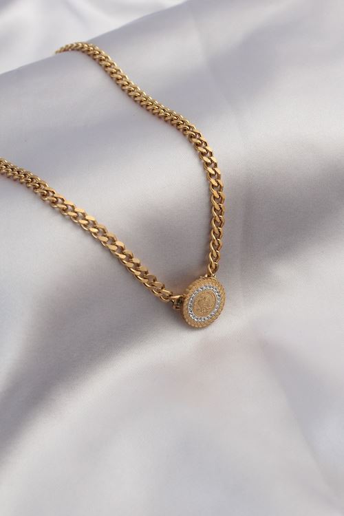 YRTCL 316L Çelik Gold Renk Kalın Zincir Model Zirkon Taşlı İşlemeli Kadın Kolye
