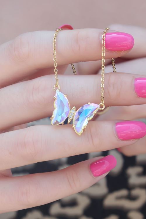 YRTCL 316L Çelik Gold Renk Kristal Kelebek Model Kadın Kolye