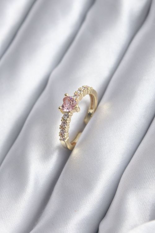 YRTCL Gold Renk Zirkon Taşlı Pembe Kristal Kalp Model Kadın Yüzük