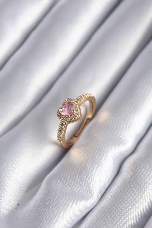 YRTCL Pirinç Gold Renk Pembe Zirkon Taş Kalp Charm Model Kadın Yüzük