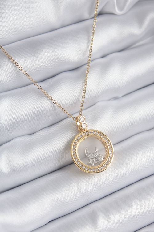 YRTCL 316L Çelik Gold Renk Zirkon Taş Detay Ay Yıldız Fanus Model Kadın Kolye