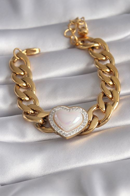 YRTCL 316L Çelik Gold Renk Pembe 3D Kalp Model Zirkon Taşlı Kadın Bileklik