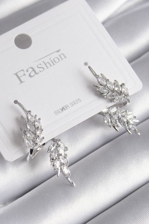 YRTCL Pirinç Gümüş Renk Zirkon Taşlı Yaprak Model Kadın Küpe