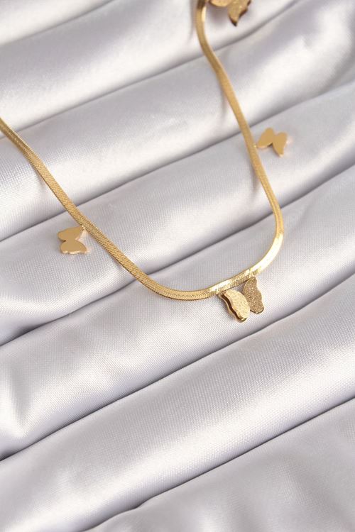 YRTCL 316L Çelik Gold Renk İtalyan Zincir Simli Kelebek Figür Kadın Kolye