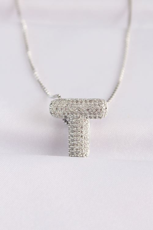 YRTCL 316L Çelik Zincirli Zirkon Taşlı T Harfli Silver Renk Bubble Kolye
