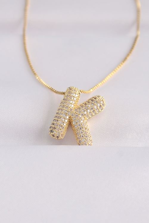 YRTCL 316L Çelik Zincirli Zirkon Taşlı K Harfli Gold Renk Bubble Kolye
