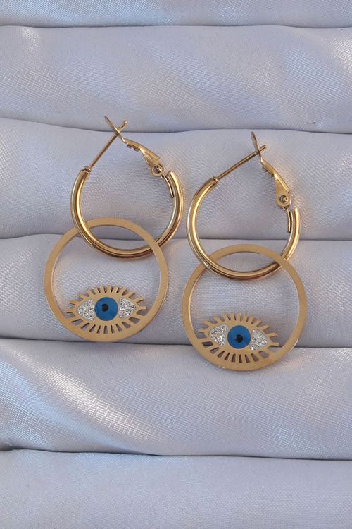 YRTCL 316L Çelik Gold Renk Zirkon Taşlı Mavi Göz Tasarımlı Halka Küpe