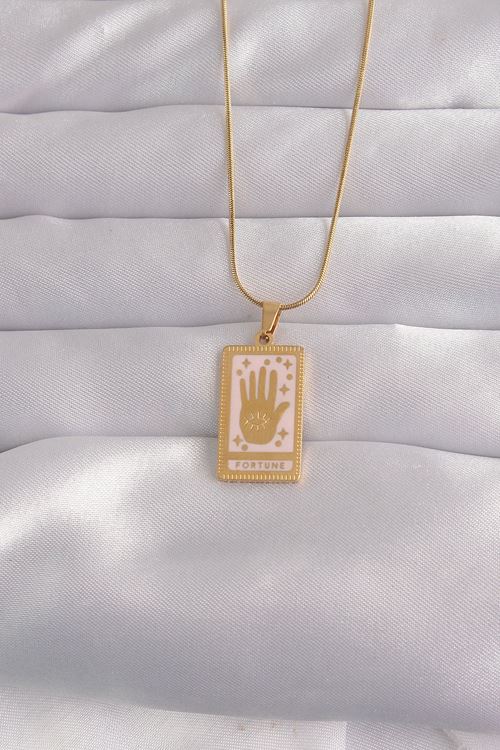 YRTCL 316L Çelik Gold Renk Pembe Mineli El Figür Tarot Kolye