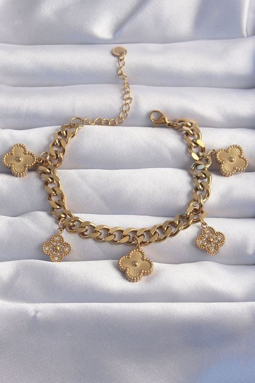 YRTCL 316L Çelik Gold Renk Zirkon Taşlı Yonca Model Bileklik